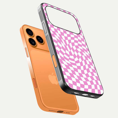 Bubblegum Check Wave iPhone 17 Pro Max glass phone case floating view emphasizing premium glass finish and vibrant design