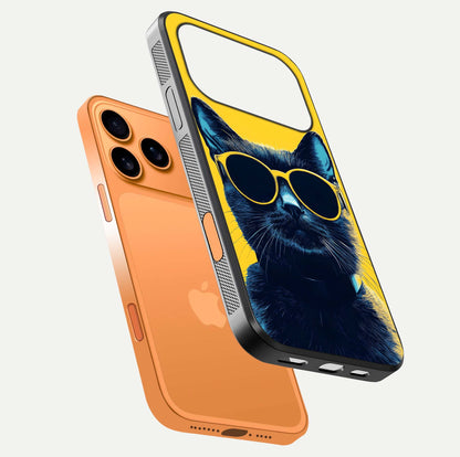 Cool Cat Vibes iPhone 17 Pro Max glass phone case floating view emphasizing glossy finish and fun cat vibe
