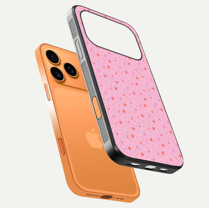 Cosmic Pink Sparkle iPhone 17 Pro Max glass phone case floating view emphasizing premium glass surface and glittering details