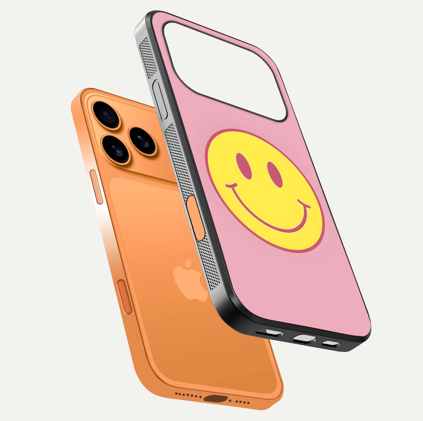 Happy Pink Mood iPhone 17 Pro Max glass phone case floating view emphasizing glossy finish and joyful color palette