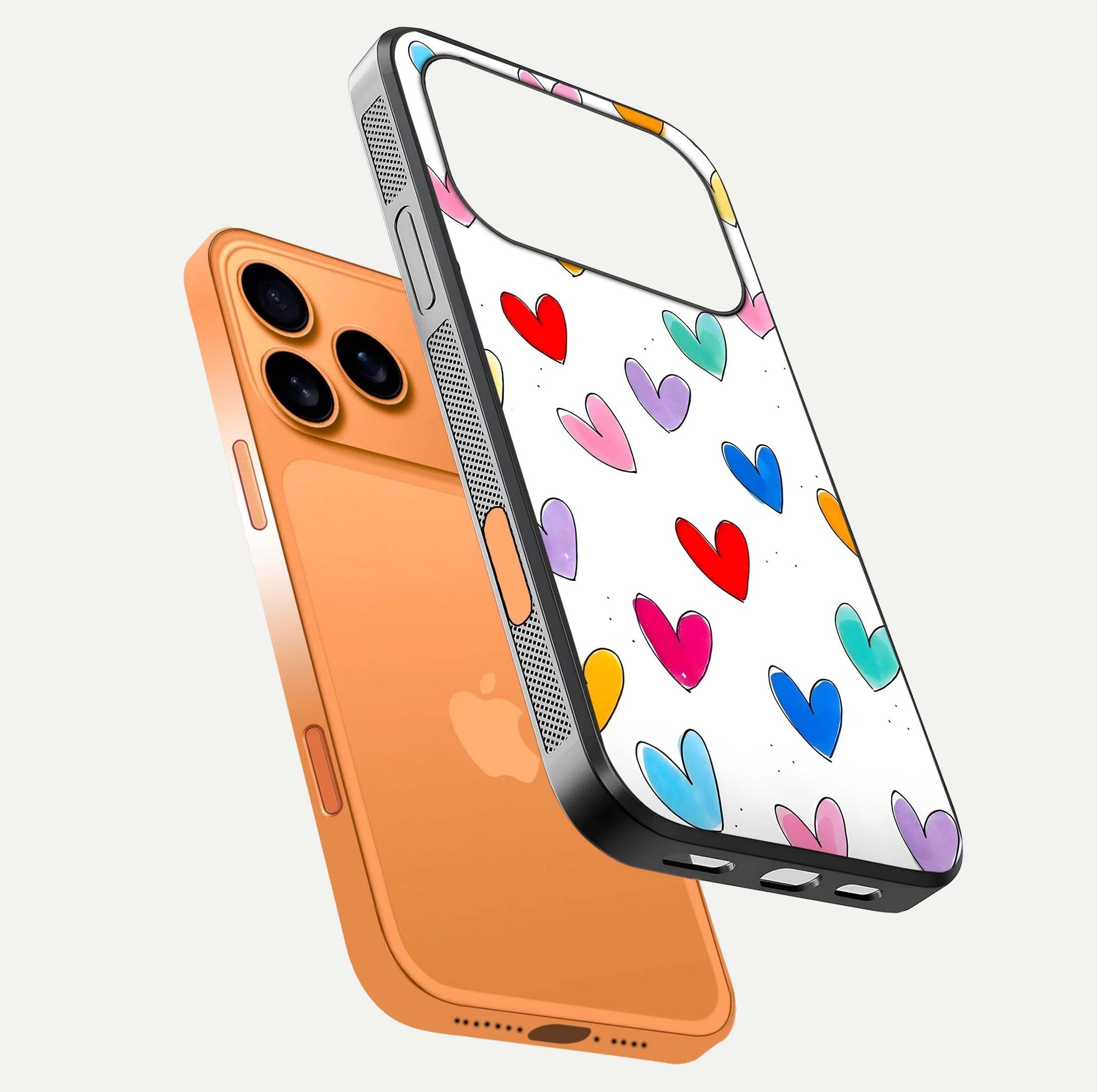 Playful Love Doodles iPhone 17 Pro Max glass phone case floating view emphasizing glossy finish and playful design