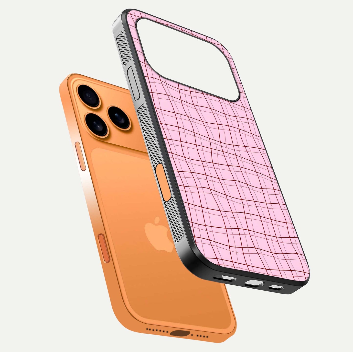 Soft Grid Bliss iPhone 17 Pro Max glass phone case floating view emphasizing glossy surface and minimal styling