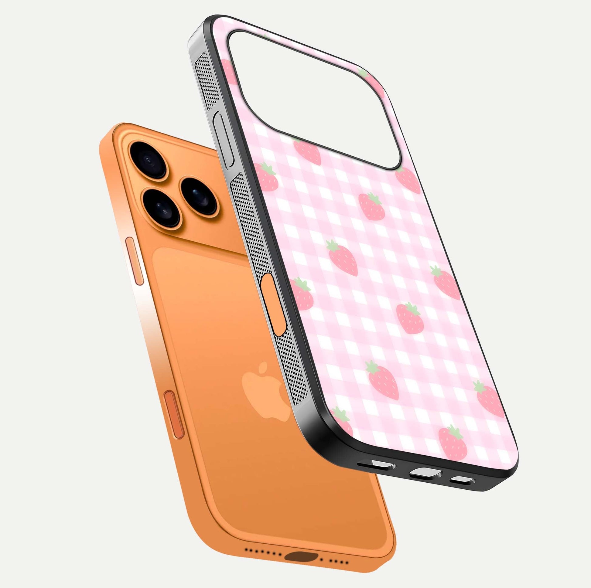 Strawberry Picnic Love iPhone 17 Pro Max glass phone case floating view emphasizing glossy finish and playful charm