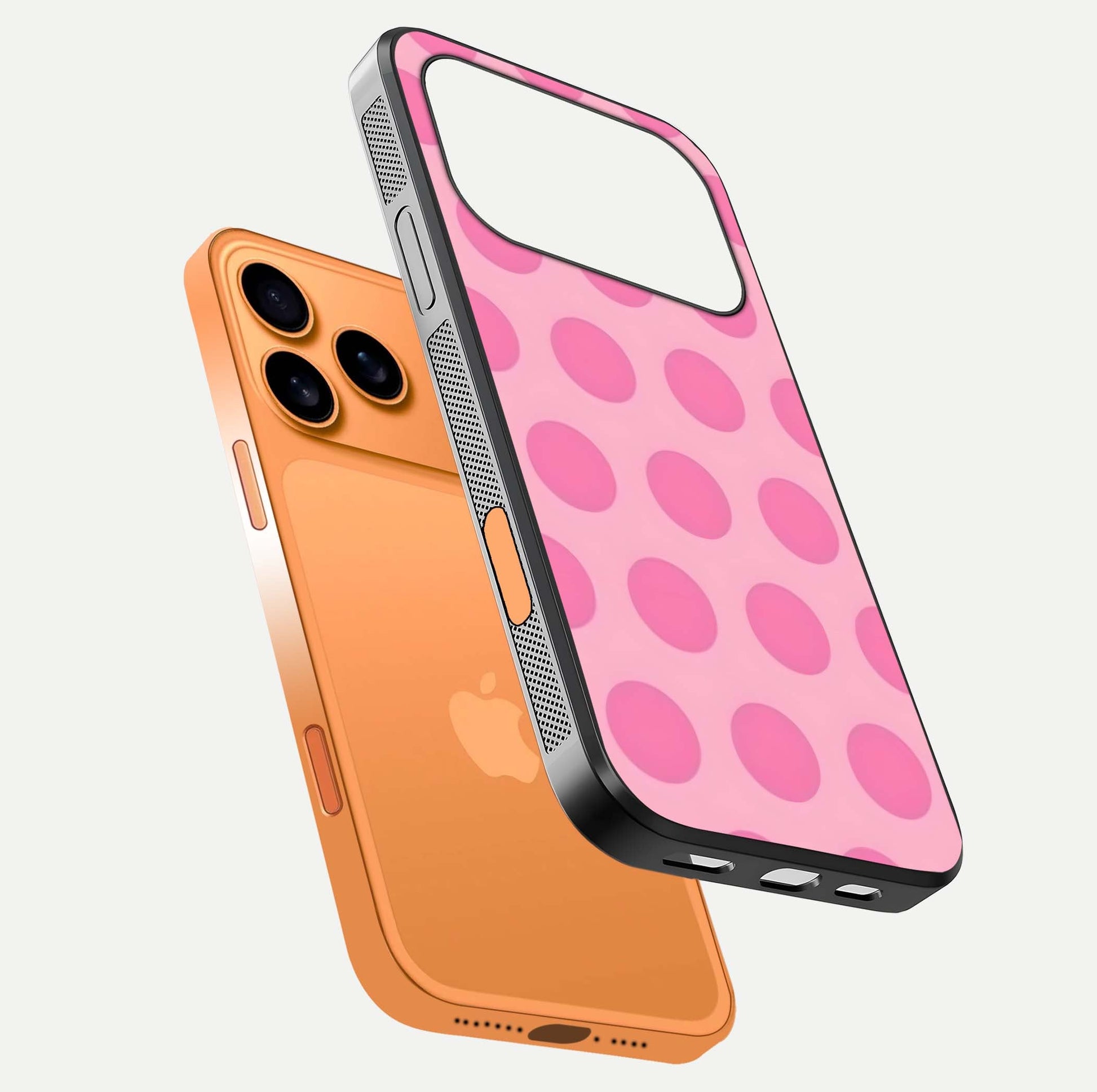 Sweet Dot Dreams iPhone 17 Pro Max glass phone case floating view emphasizing glossy surface and soft playful styling