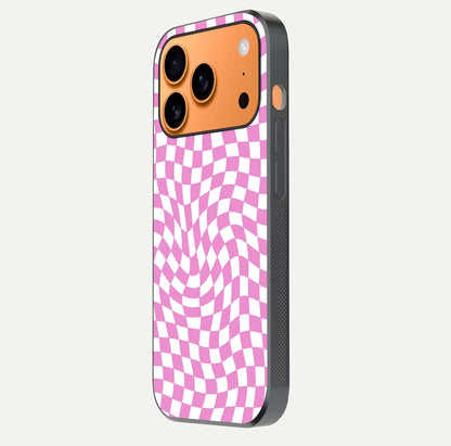 Bubblegum Check Wave iPhone 17 Pro Max glass phone case side profile view focusing on smooth edges and seamless wrap