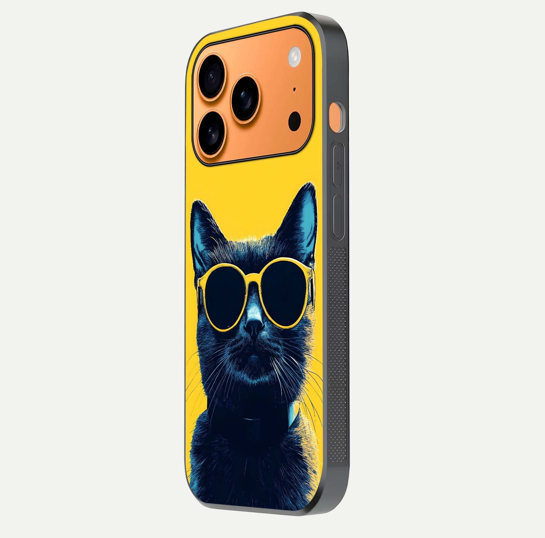 Cool Cat Vibes iPhone 17 Pro Max glass phone case side profile view focusing on sleek edges and seamless wrap