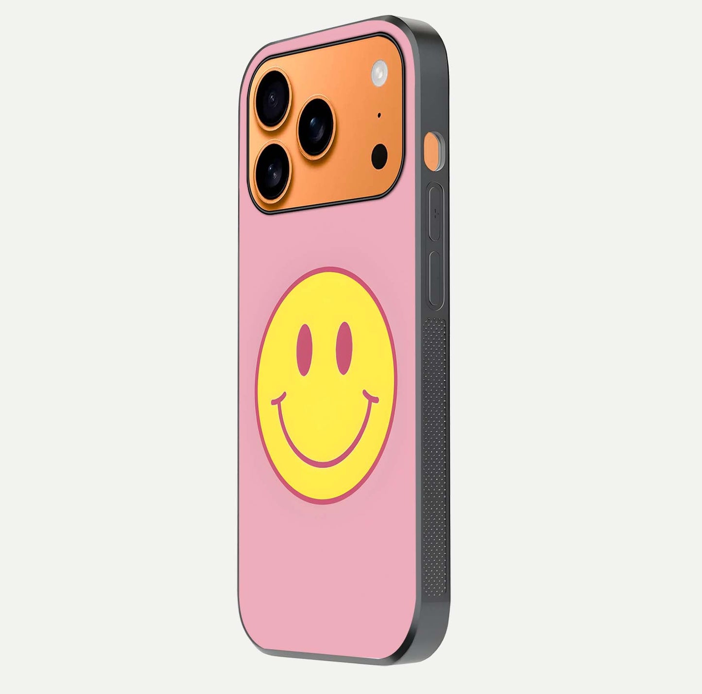 Happy Pink Mood iPhone 17 Pro Max glass phone case side profile view focusing on smooth frame and clean wrap