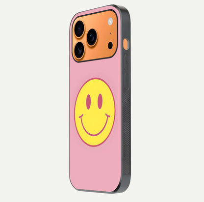 Happy Pink Mood iPhone 17 Pro Max glass phone case side profile view focusing on smooth frame and clean wrap
