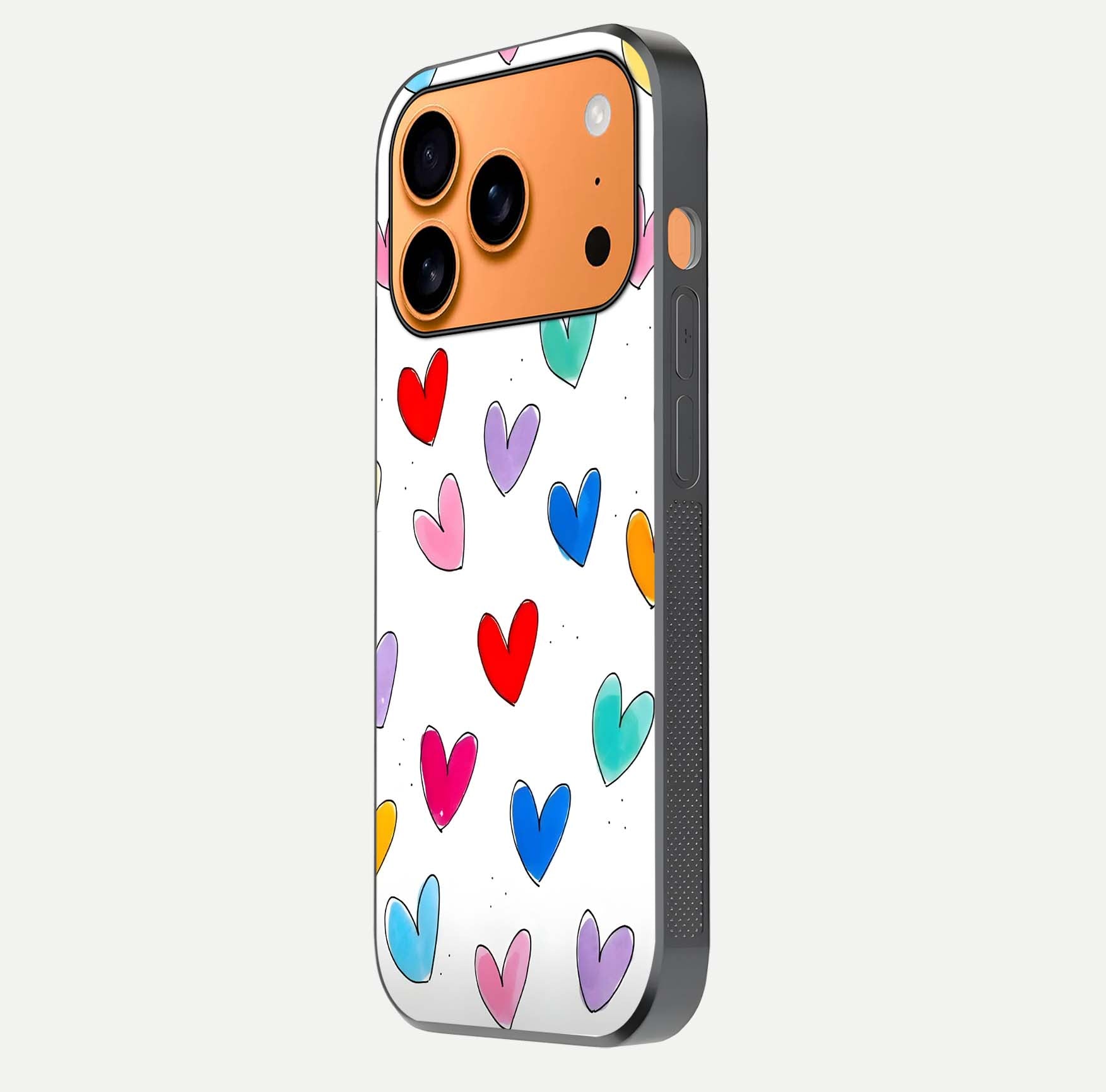 Playful Love Doodles iPhone 17 Pro Max glass phone case side profile view focusing on smooth frame and seamless wrap