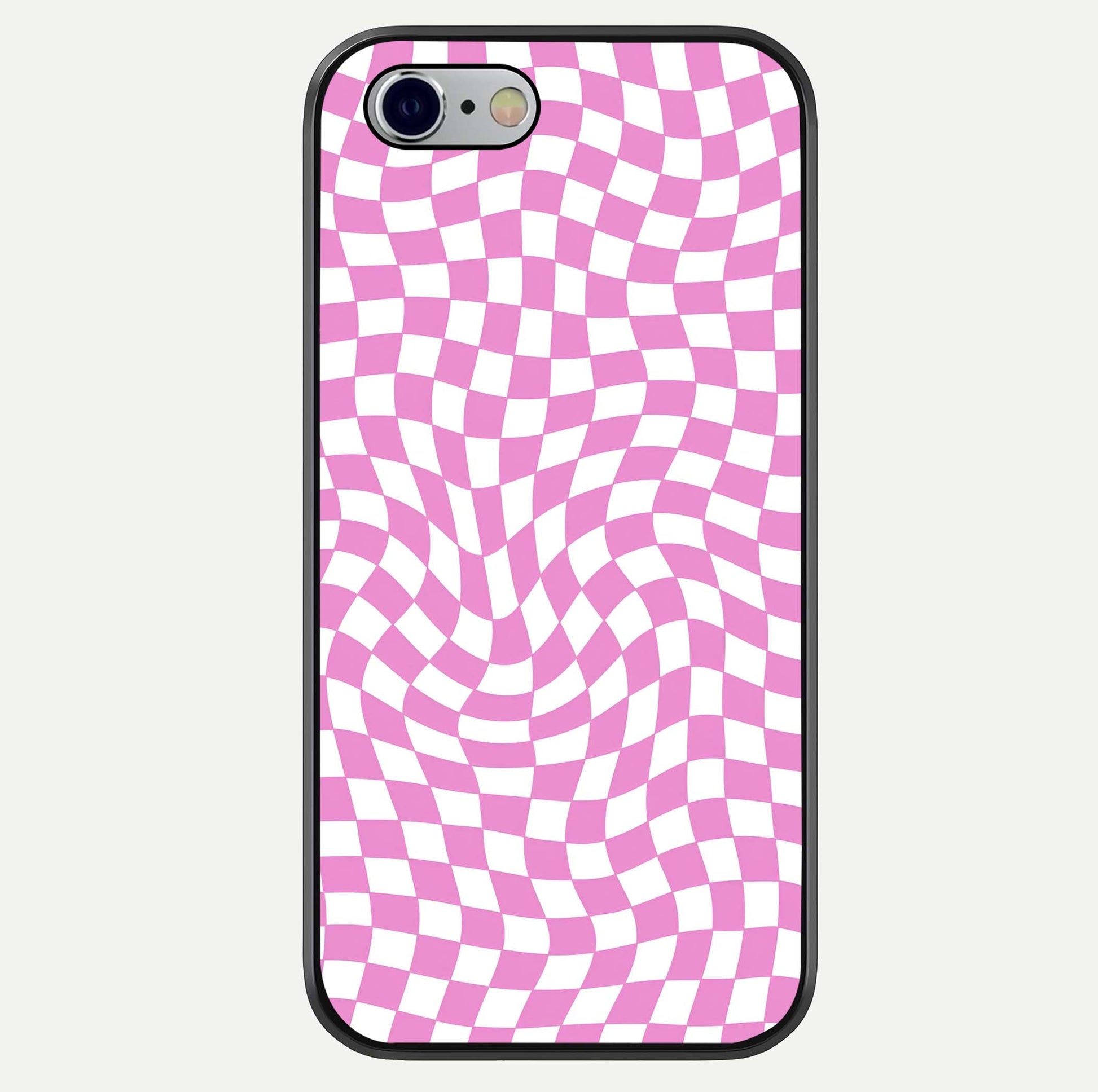 Bubblegum Check Wave iPhone 6 glass phone case front view showcasing playful bubblegum check wave pattern with glossy finish