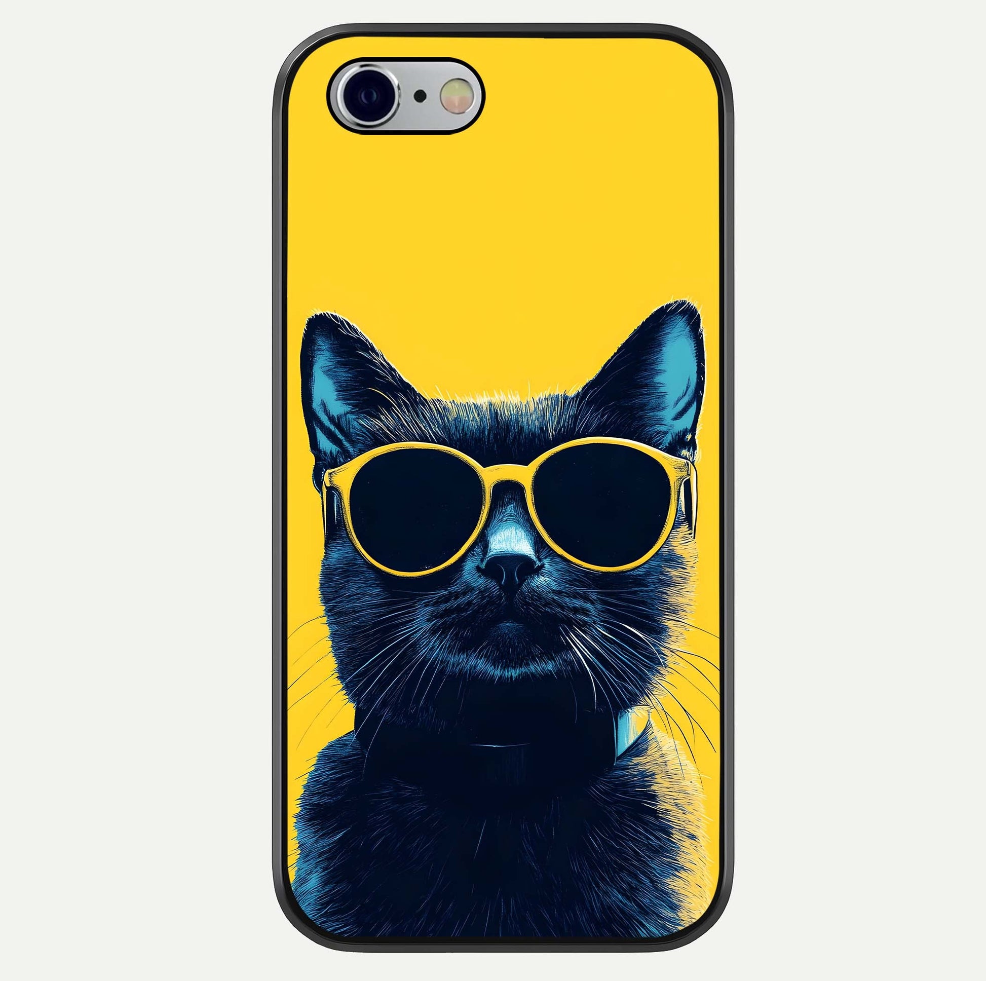 Cool Cat Vibes iPhone 6 glass phone case front view featuring playful cat illustration with cool aesthetic tones