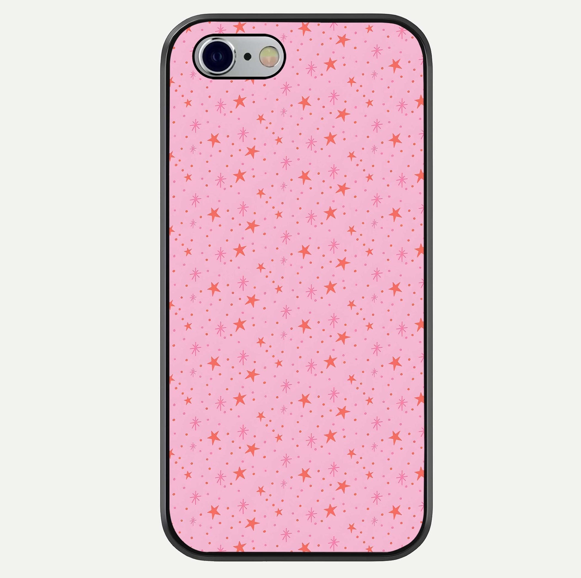 Cosmic Pink Sparkle iPhone 6 glass phone case front view showcasing shimmering pink cosmic artwork with glossy finish