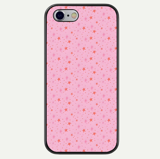 Cosmic Pink Sparkle iPhone 6 glass phone case front view showcasing shimmering pink cosmic artwork with glossy finish