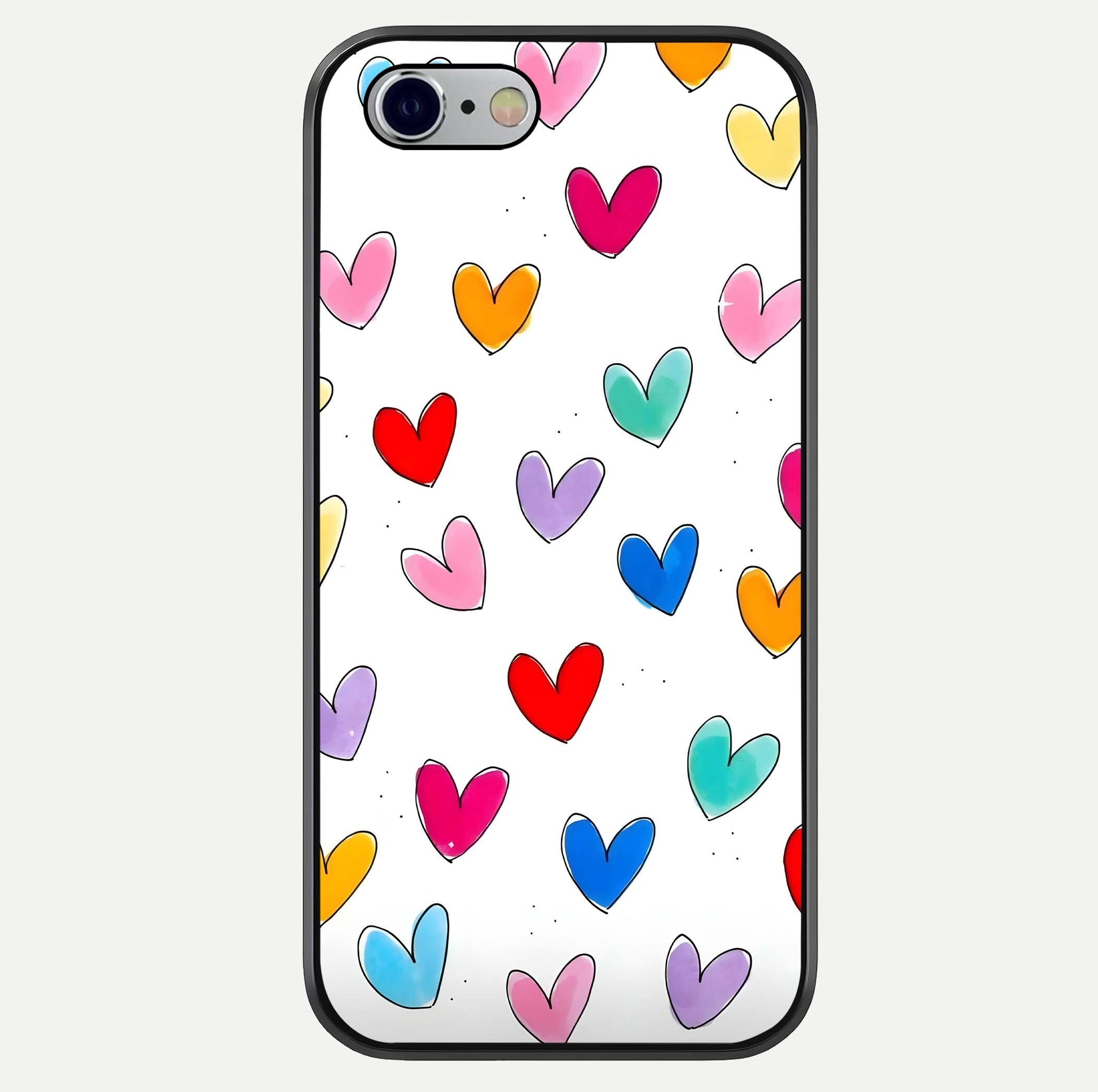Playful Love Doodles iPhone 6 glass phone case front view featuring cute love doodle illustrations with fun vibe
