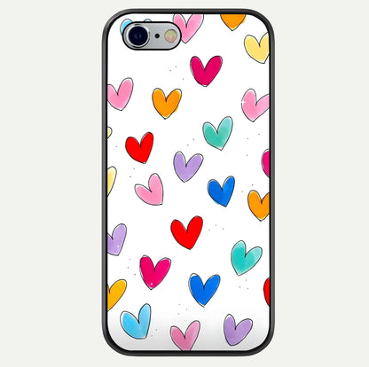 Playful Love Doodles iPhone 6 glass phone case front view featuring cute love doodle illustrations with fun vibe