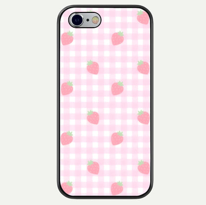 Strawberry Picnic Love iPhone 6 glass phone case front view featuring cute strawberry picnic artwork with romantic vibe