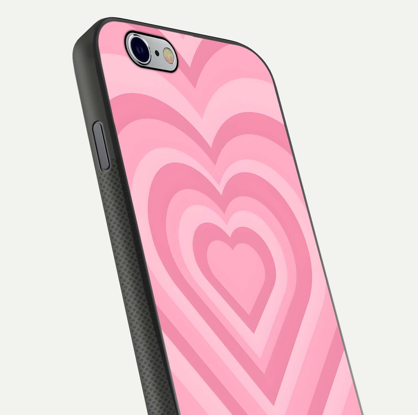 Blush Heart Waves iPhone 6 glass phone case angled back view highlighting romantic heart wave artwork and grip texture