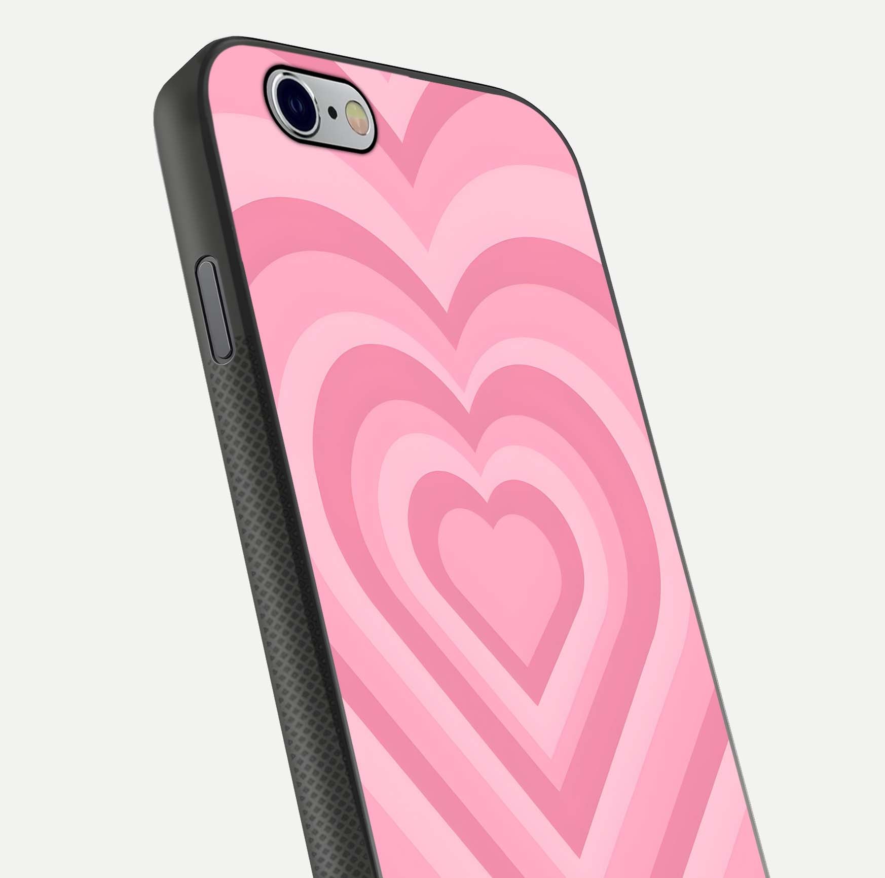 Blush Heart Waves iPhone 6 glass phone case angled back view highlighting romantic heart wave artwork and grip texture