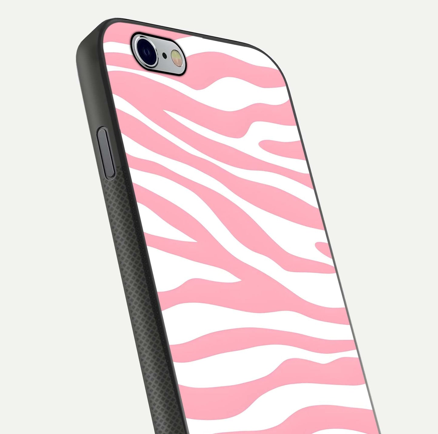 Blush Zebra Flow iPhone 6 glass phone case angled back view highlighting bold zebra artwork and textured side grip