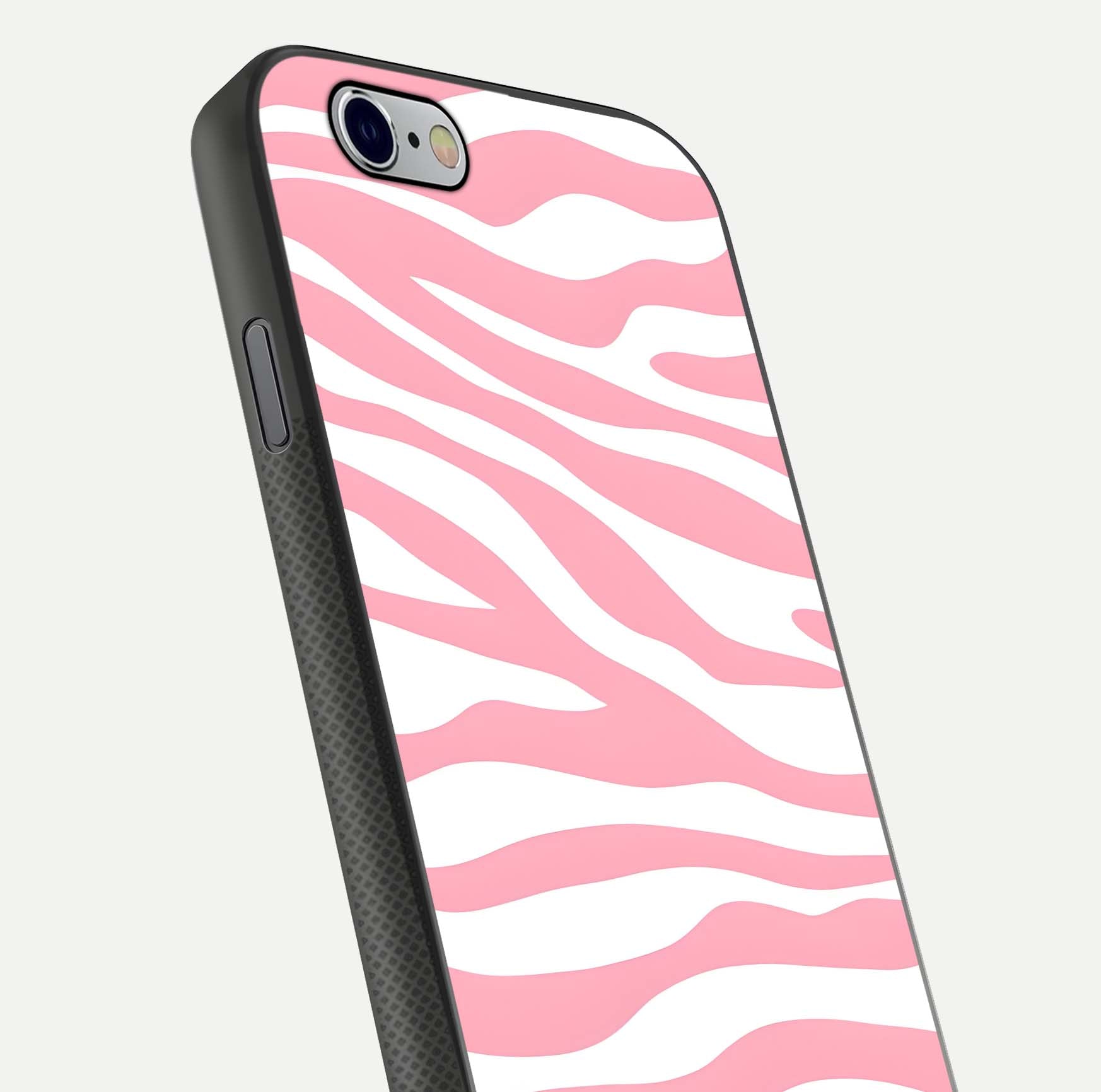 Blush Zebra Flow iPhone 6 glass phone case angled back view highlighting bold zebra artwork and textured side grip