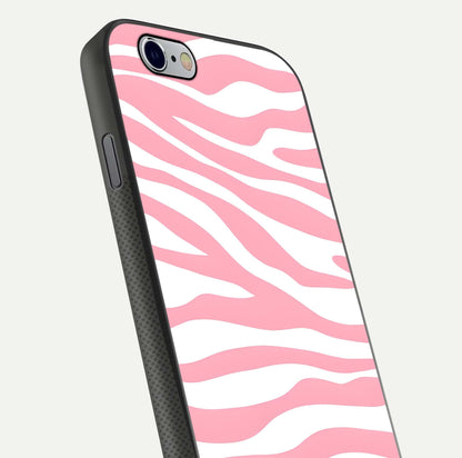 Blush Zebra Flow iPhone 6 glass phone case angled back view highlighting bold zebra artwork and textured side grip