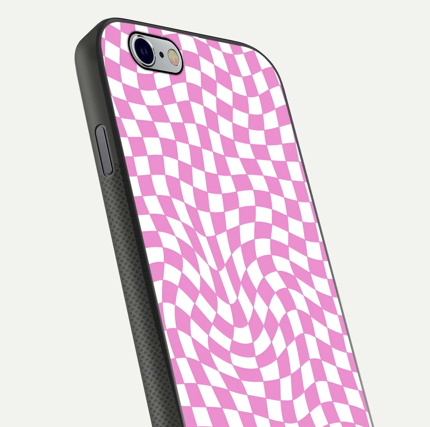 Bubblegum Check Wave iPhone 6 glass phone case angled back view highlighting check wave artwork and side grip texture
