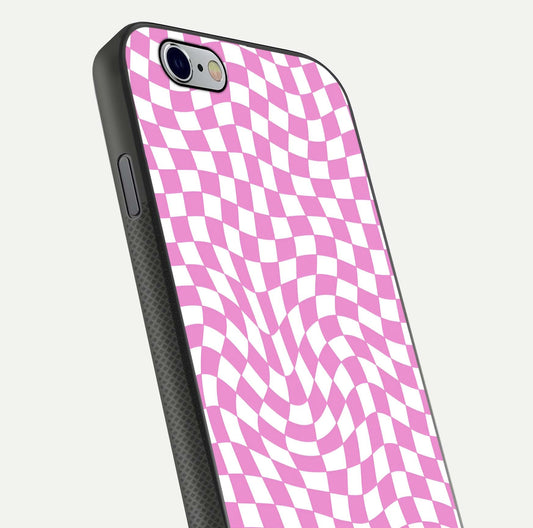 Bubblegum Check Wave iPhone 6 glass phone case angled back view highlighting check wave artwork and side grip texture