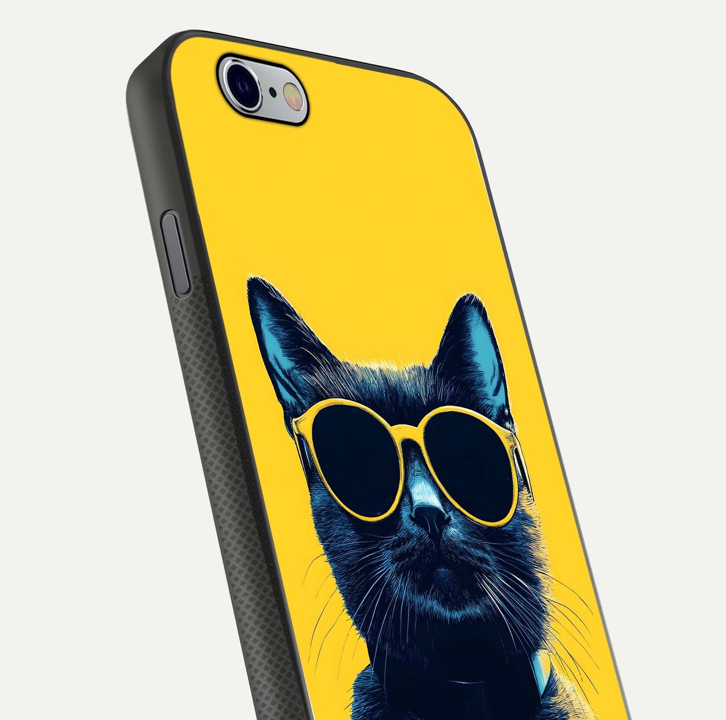 Cool Cat Vibes iPhone 6 glass phone case angled back view highlighting cat artwork and textured side grip