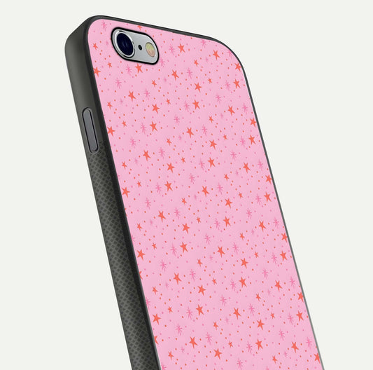 Cosmic Pink Sparkle iPhone 6 glass phone case angled back view highlighting sparkling galaxy design and textured side grip