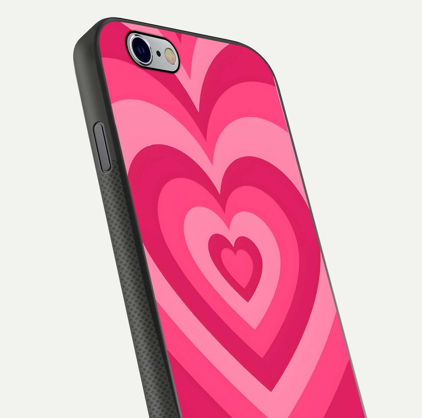 Layered Love Hearts iPhone 6 glass phone case angled back view highlighting heart artwork and textured grip edges