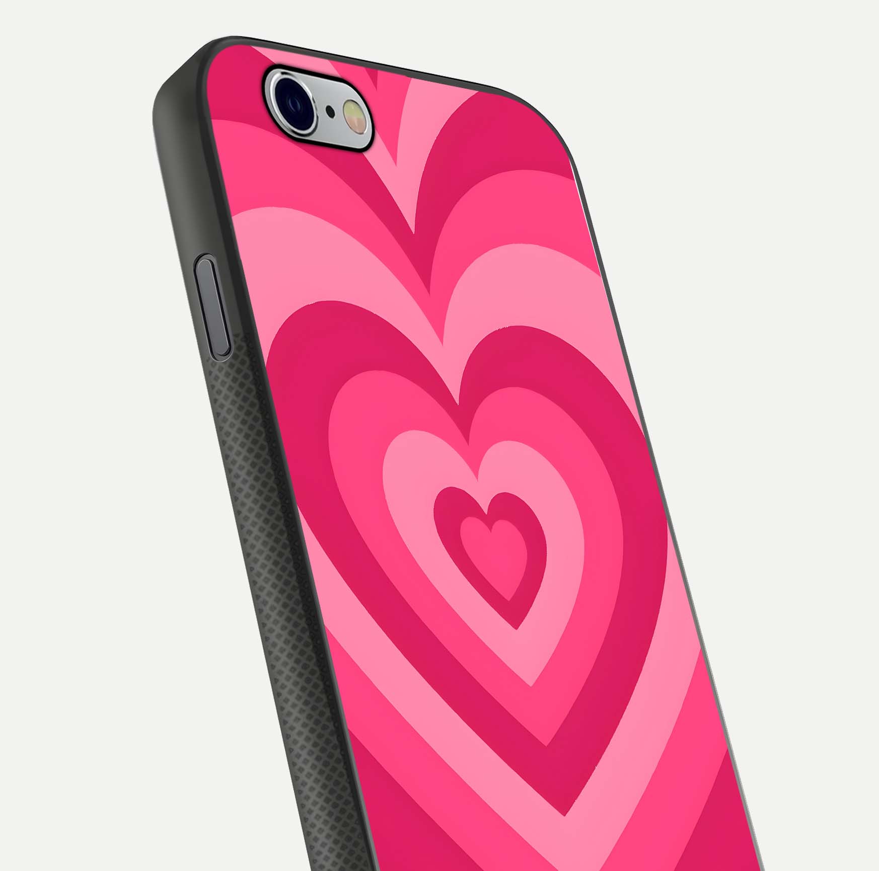 Layered Love Hearts iPhone 6 glass phone case angled back view highlighting heart artwork and textured grip edges