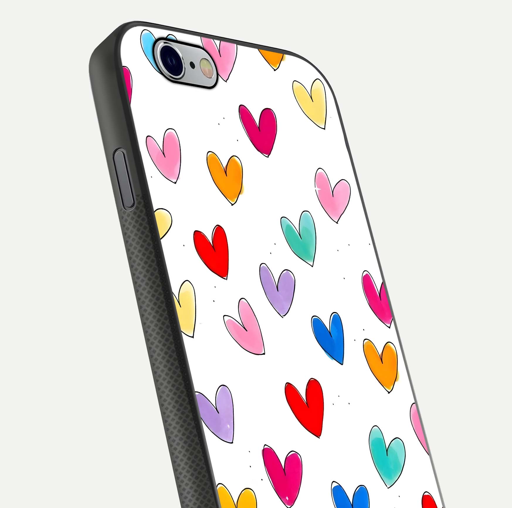 Playful Love Doodles iPhone 6 glass phone case angled back view highlighting doodle artwork and textured grip edges