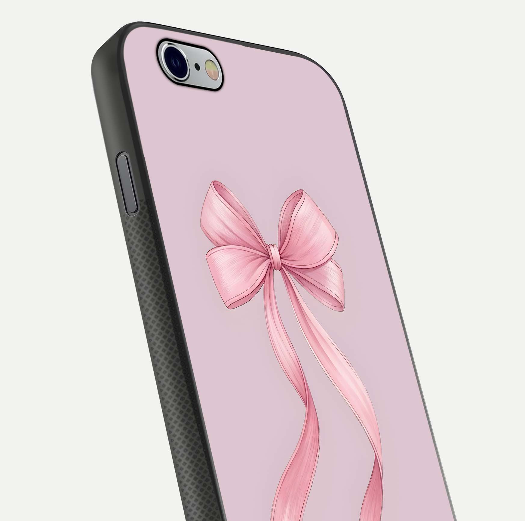Soft Blush Bow iPhone 6 glass phone case angled back view highlighting bow artwork and side grip texture