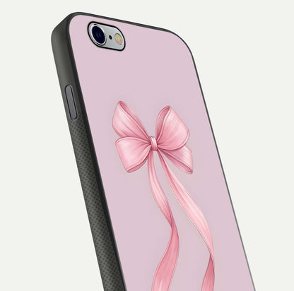 Soft Blush Bow iPhone 6 glass phone case angled back view highlighting bow artwork and side grip texture