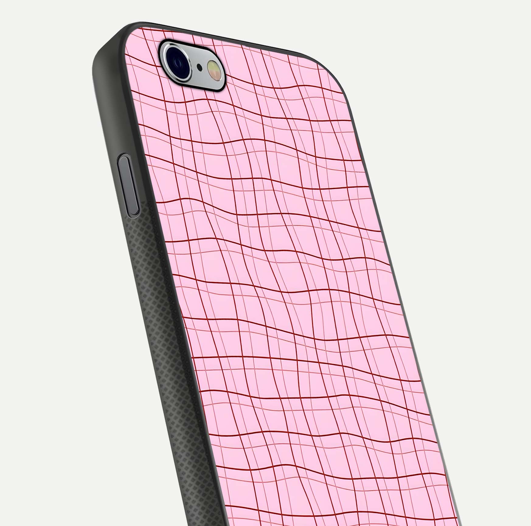 Soft Grid Bliss iPhone 6 glass phone case angled back view highlighting grid artwork and side grip texture