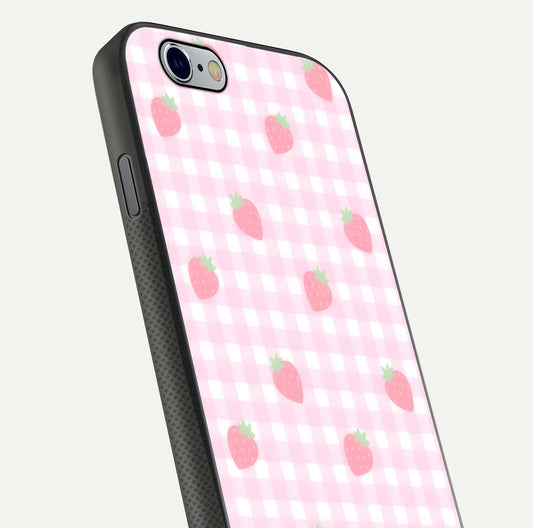 Strawberry Picnic Love iPhone 6 glass phone case angled back view highlighting strawberry illustrations and textured grip