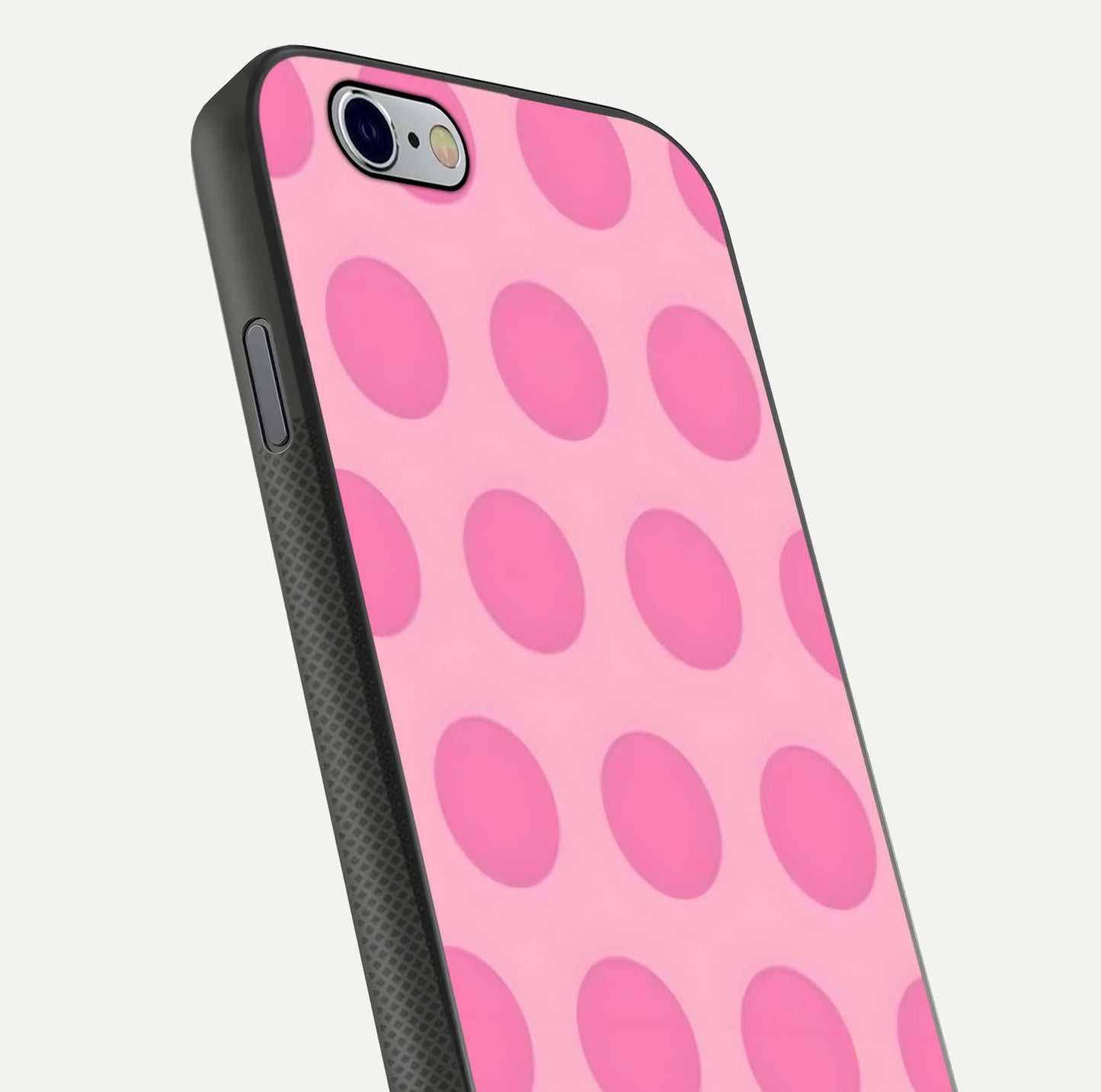 Sweet Dot Dreams iPhone 6 glass phone case angled back view highlighting dotted artwork and side grip texture
