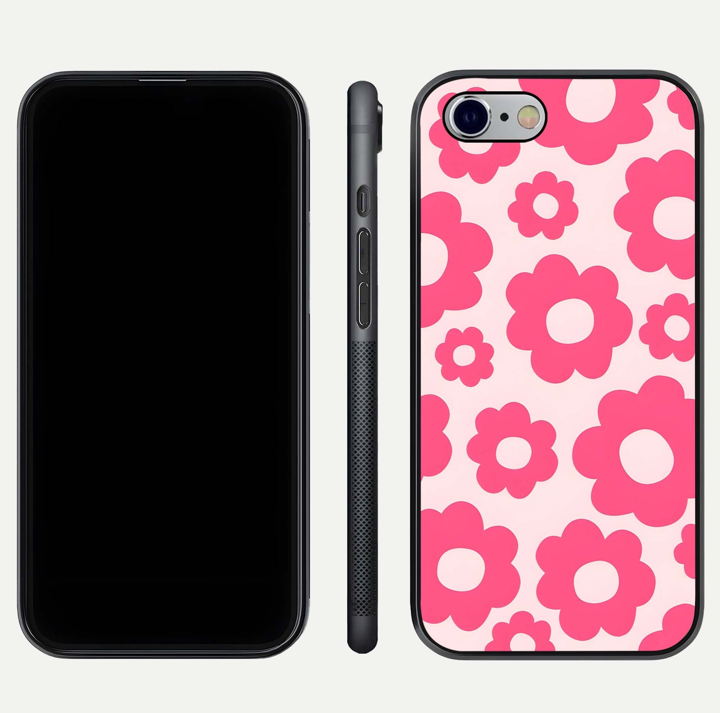 Blush Flower Pop iPhone 6 glass phone case front and side layout view showing slim profile and full floral coverage