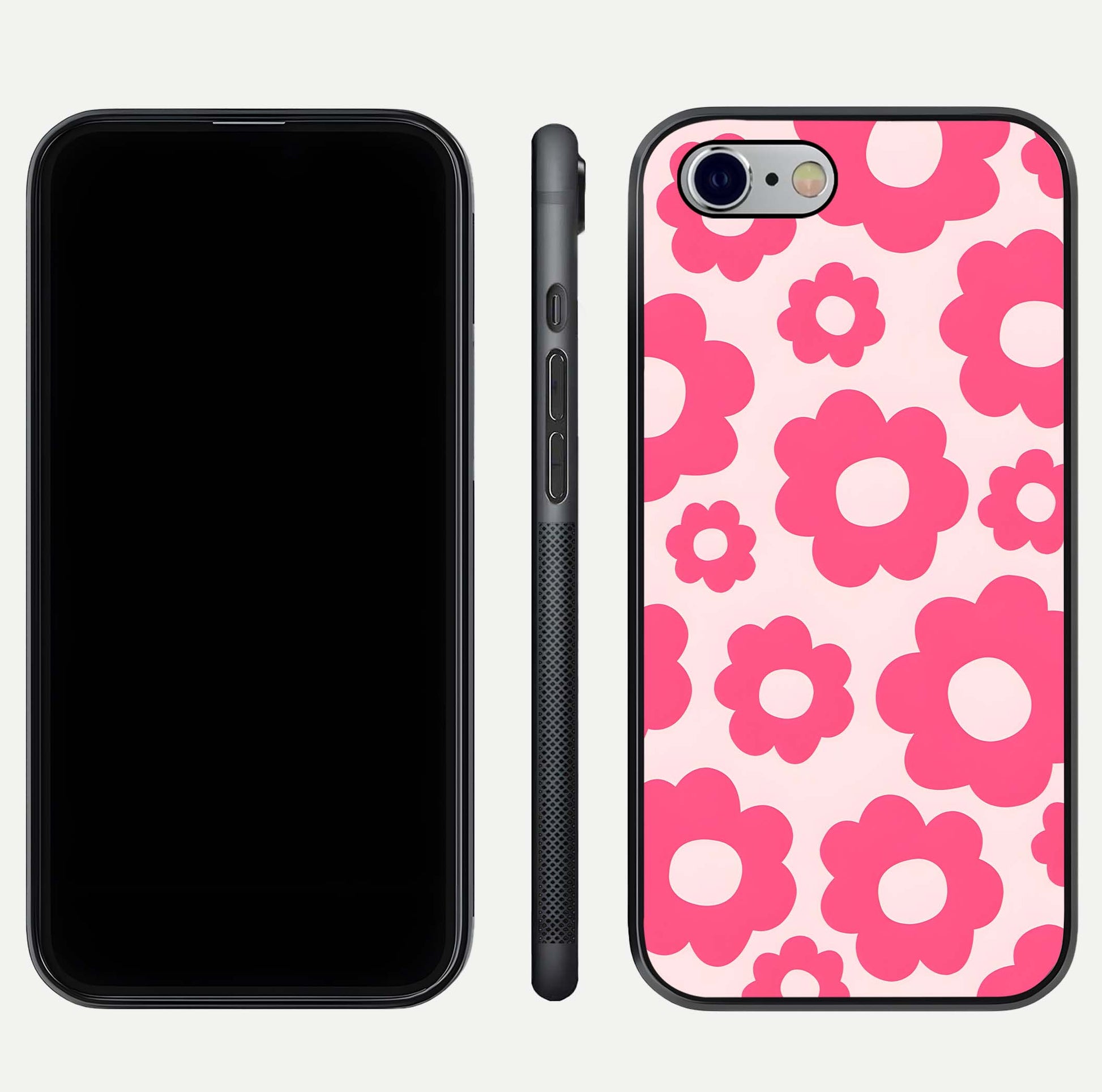 Blush Flower Pop iPhone 6 glass phone case front and side layout view showing slim profile and full floral coverage