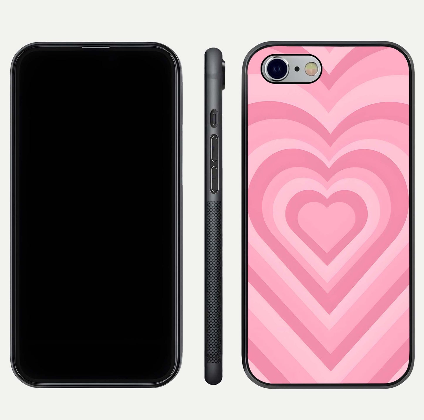 Blush Heart Waves iPhone 6 glass phone case front and side layout view displaying slim frame and full heart pattern