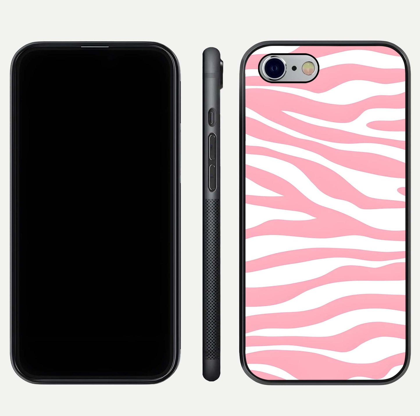 Blush Zebra Flow iPhone 6 glass phone case front and side layout view showing slim build and flowing pattern coverage