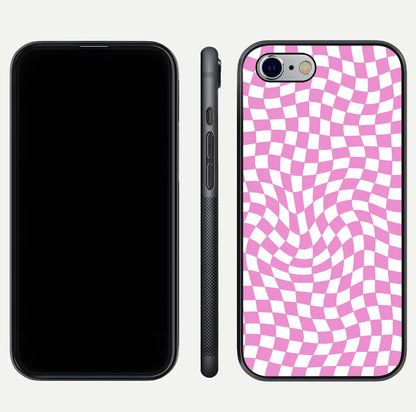 Bubblegum Check Wave iPhone 6 glass phone case front and side layout view displaying slim profile and full pattern coverage