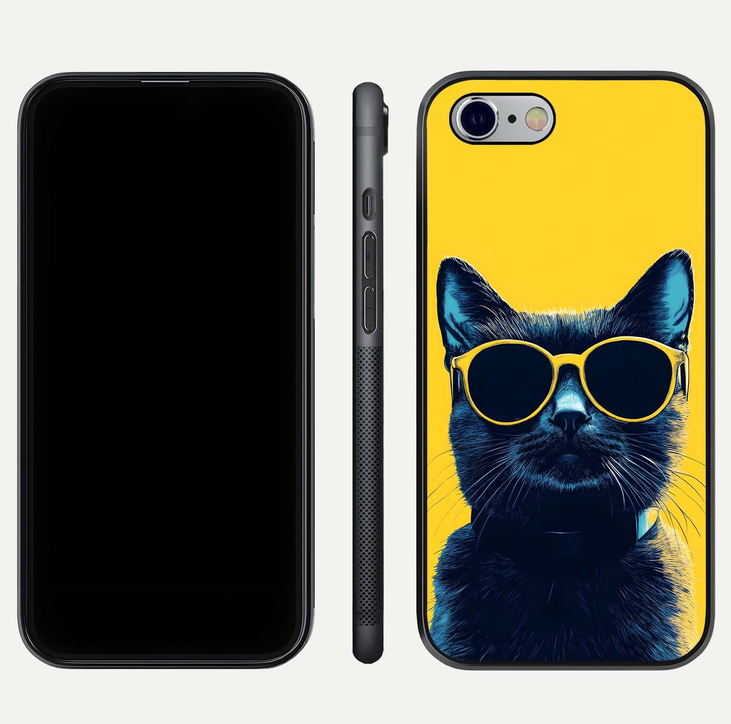 Cool Cat Vibes iPhone 6 glass phone case front and side layout view showing slim frame and full design coverage