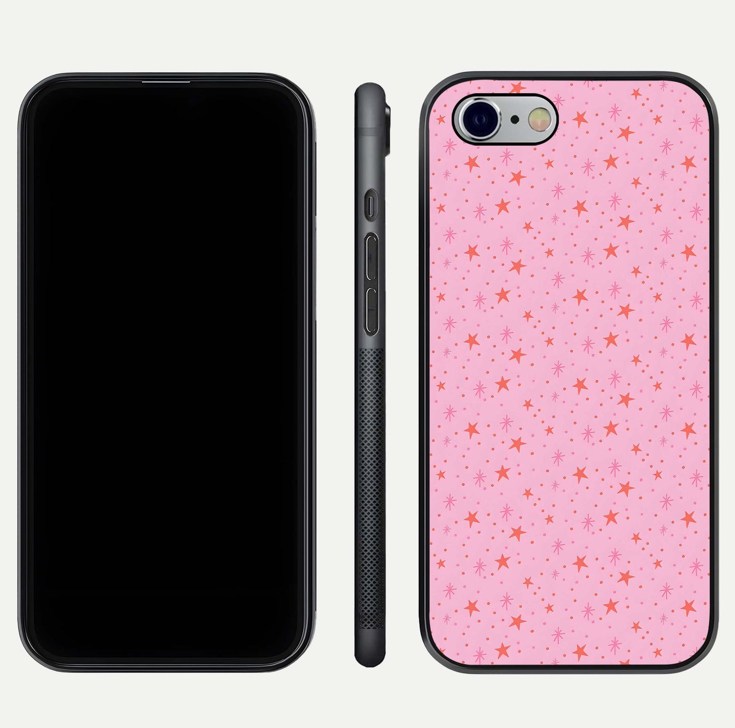 Cosmic Pink Sparkle iPhone 6 glass phone case front and side layout view displaying slim profile and full cosmic coverage