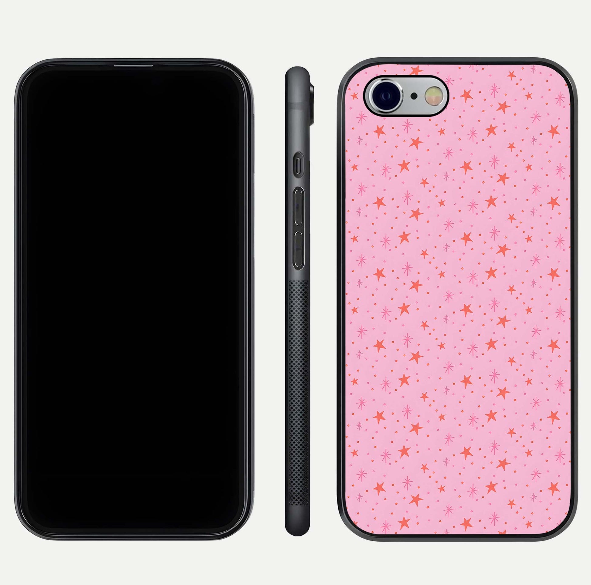 Cosmic Pink Sparkle iPhone 6 glass phone case front and side layout view displaying slim profile and full cosmic coverage