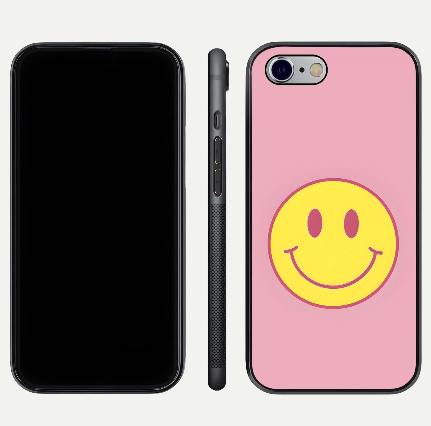Happy Pink Mood iPhone 6 glass phone case front and side layout view showing slim build and full pink coverage