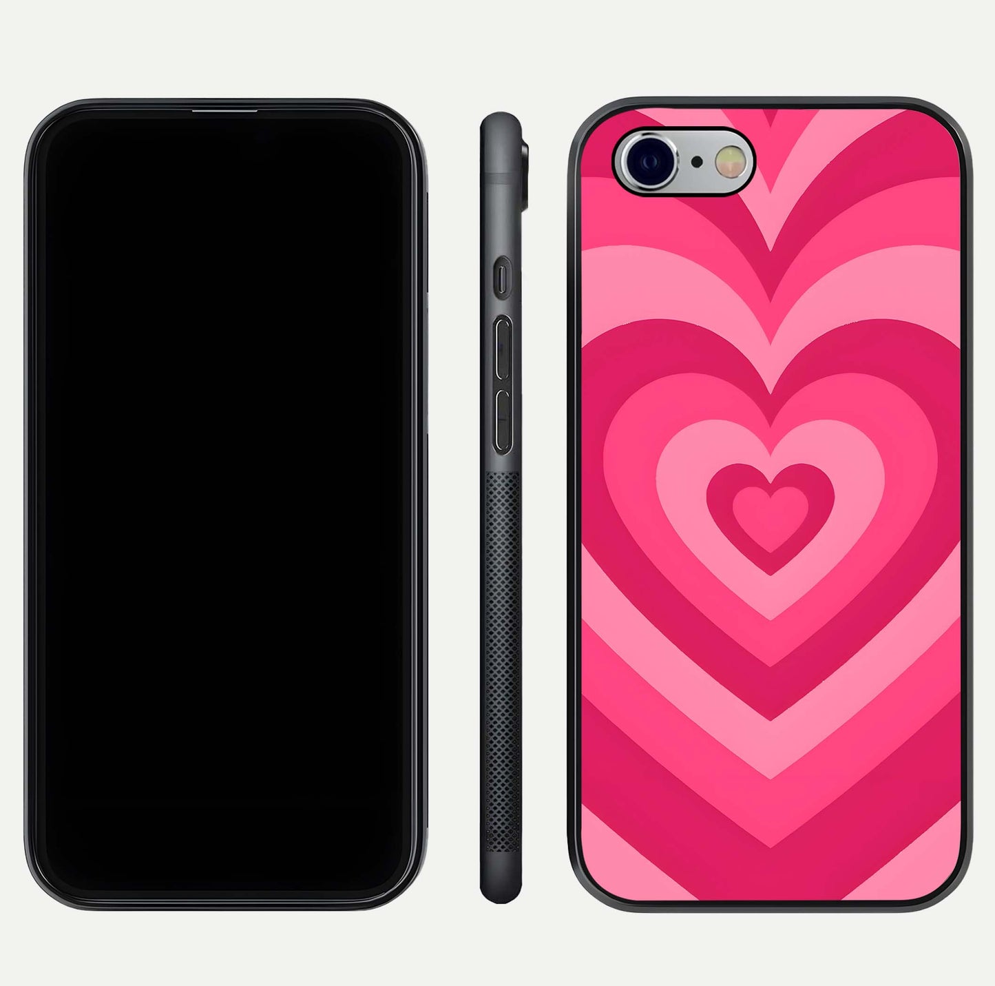 Layered Love Hearts iPhone 6 glass phone case front and side layout view displaying slim profile and full heart design