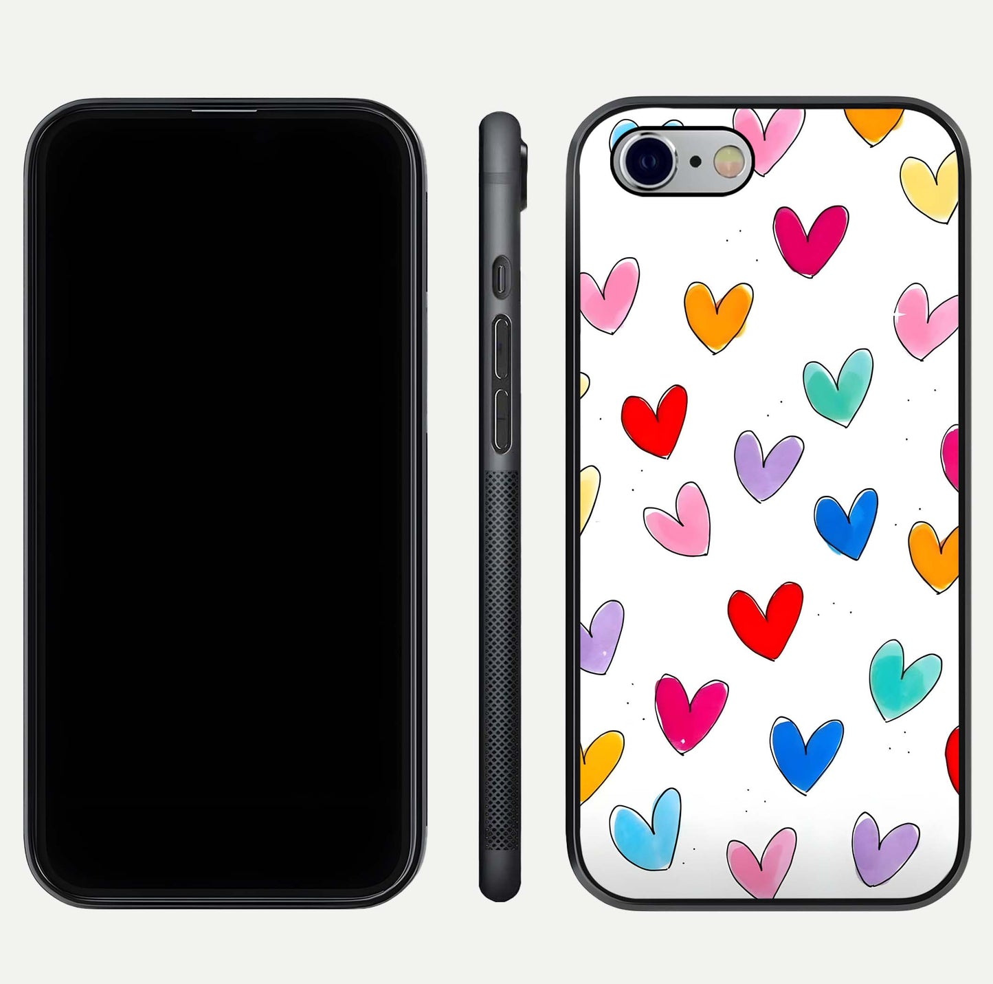 Playful Love Doodles iPhone 6 glass phone case front and side layout view showing slim build and full doodle coverage