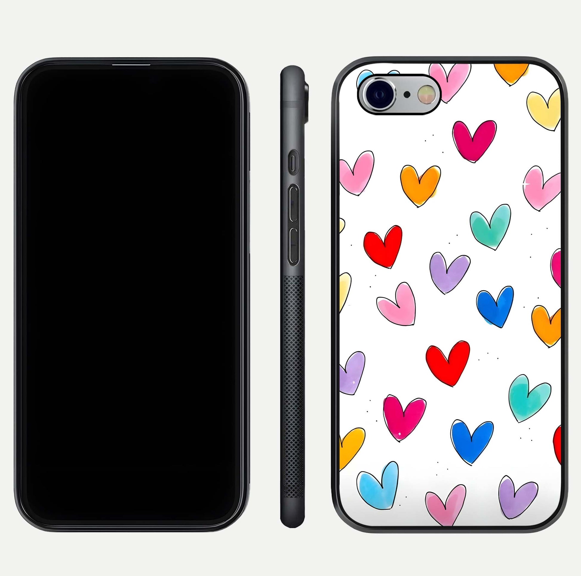 Playful Love Doodles iPhone 6 glass phone case front and side layout view showing slim build and full doodle coverage