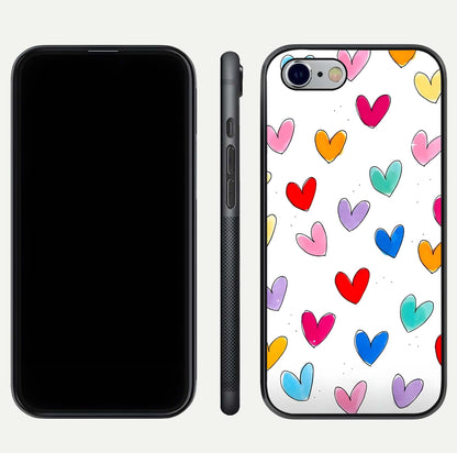 Playful Love Doodles iPhone 6 glass phone case front and side layout view showing slim build and full doodle coverage